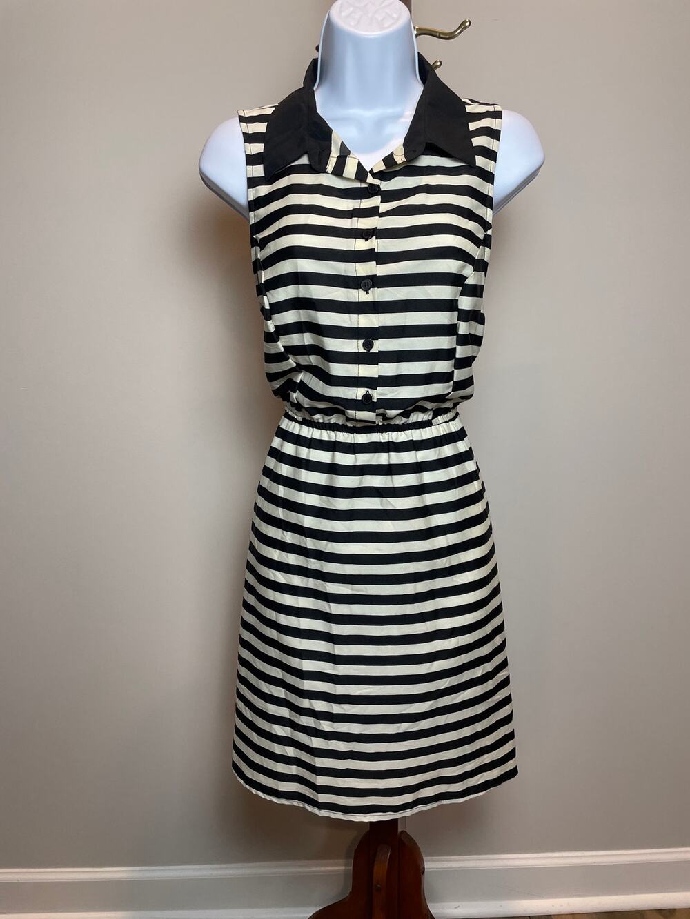 Dizzylizzy Dress Size L Ivory Black Stripe Collared Cinched Waist New With Tag